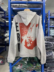 ERD Inspired Red Portrait Distressed Fleece Grey Hoodie