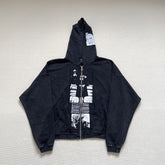 ERD Vintage Washed Black Patchwork Zip Up Hoodie