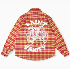 Saint Vanity Grunge Graphic Plaid Flannel Shirt - Red/Yellow
