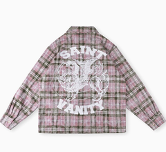 Saint Vanity Grunge Graphic Plaid Flannel Shirt - Pink/Olive