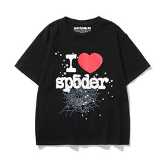 Sp5der "I Heart Sp5der" Red Heart & Spider Web Graphic Black Short Sleeve T-Shirt