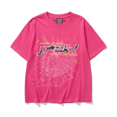 Sp5der Black Pixel Logo & Spider Web Graphic Hot Pink Short Sleeve T-Shirt