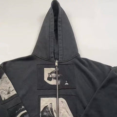ERD Inspired Washed Black Fleece Kangaroo Zip Hoodie