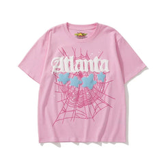 Sp5der Atlanta Web & Blue Stars Graphic Pink Short Sleeve T-Shirt