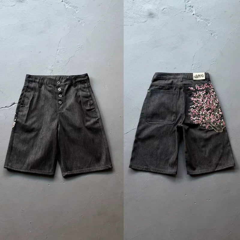 Derschutze Inspired Vintage Plum Blossom Embroidery Jean Shorts