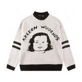 ERD Inspired Cartoon Portrait Jacquard Beige Knit Sweater