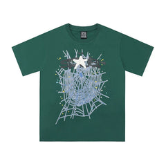 Sp5der Web & White Star Graphic Dark Green Short Sleeve T-Shirt