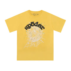 Sp5der Black Logo & White Spider Web Graphic Yellow Short Sleeve T-Shirt
