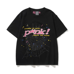 Sp5der Pink Logo & Spider Web Graphic Black Short Sleeve T-Shirt