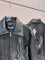 ERD Vintage Black Embroidered PU Leather Jacket