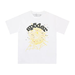Sp5der Black Logo & Yellow Spider Web Graphic White Short Sleeve T-Shirt