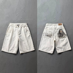 Derschutze Style Retro Statue Embroidered Straight Denim Jeans