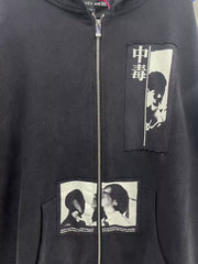 ERD Vintage Character Print Loose Zip Up Hoodie