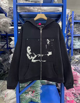 ERD Vintage Portrait Graphic Loose Zip Up Hoodie