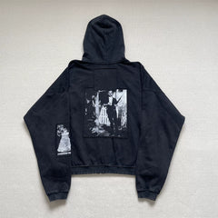 ERD Inspired Art Patchwork Washed Black Zip Hoodie