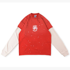 SAINT VANITY Layered-Style Distressed Graphic Long-Sleeve T-Shirt - Red / Beige