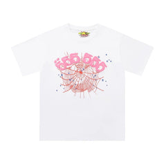 Sp5der 555 555 Red Web & Pink Numbers Graphic White Short Sleeve T-Shirt