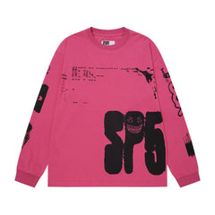 Sp5der SP5 Cyber Smiley Graphic Rose Pink and Black Long Sleeve Casual T-Shirt