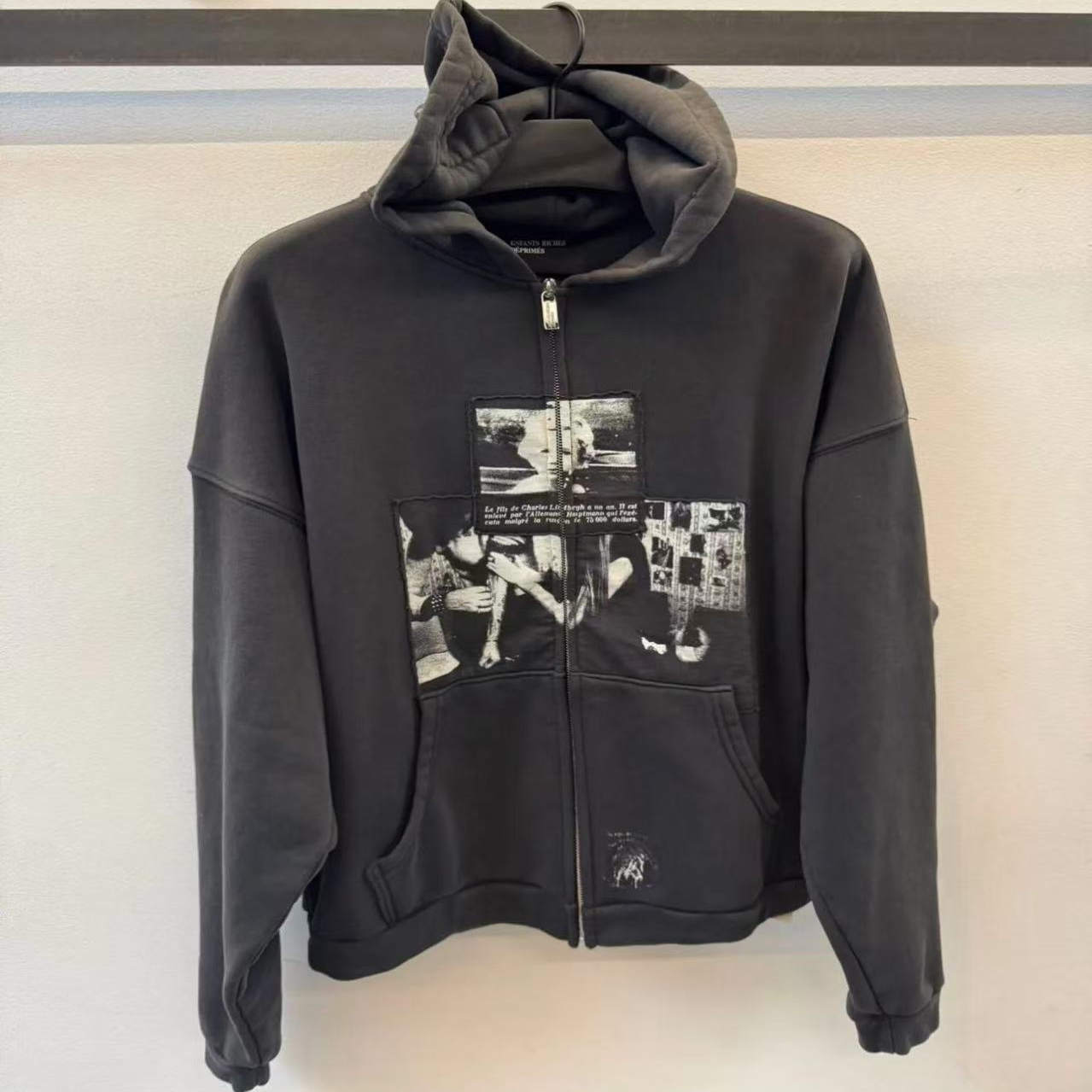 ERD Style Vintage Washed Black Patchwork Hoodie