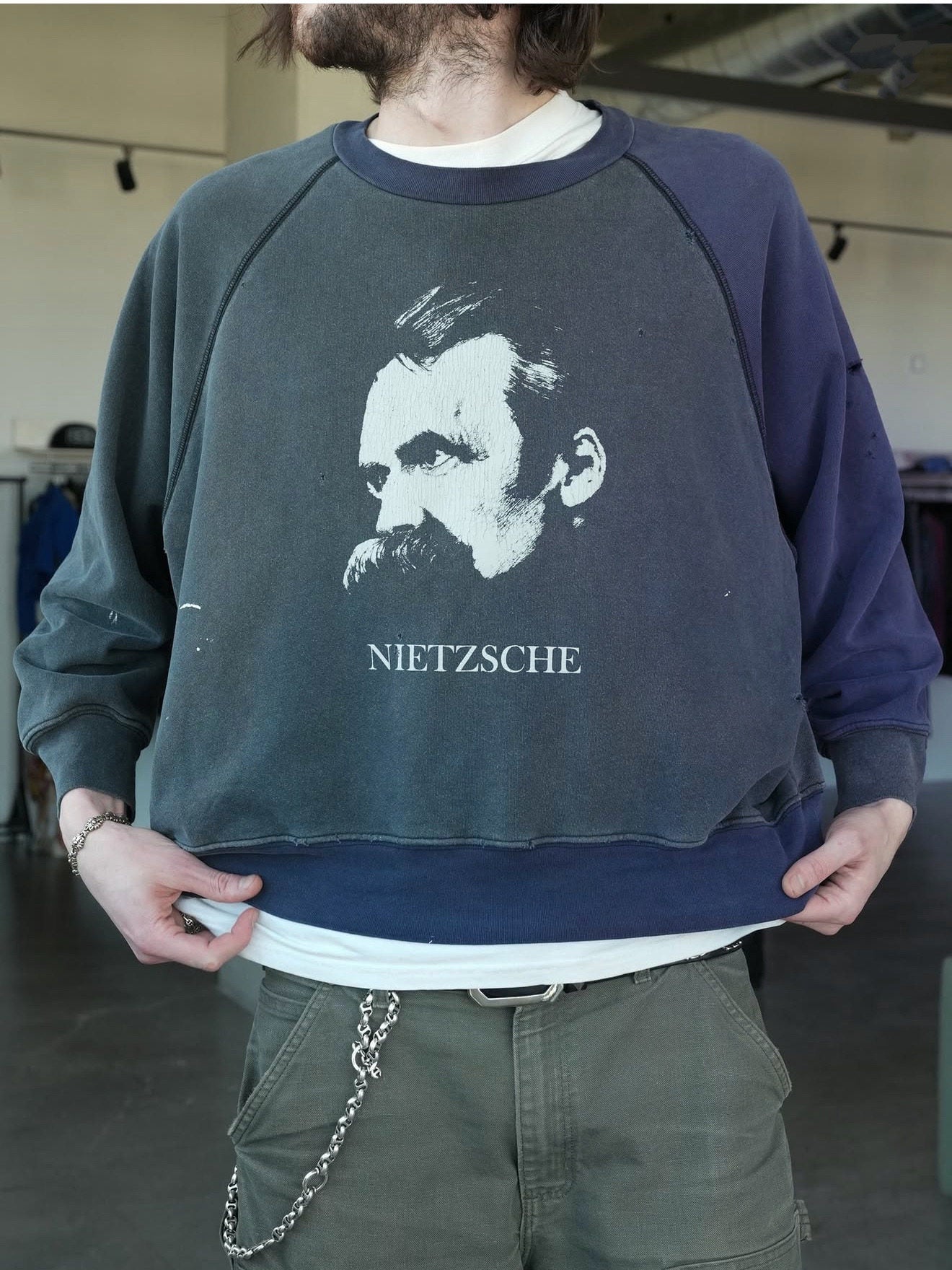 ERD Inspired Nietzsche Portrait Washed Black Terry Sweatshirt