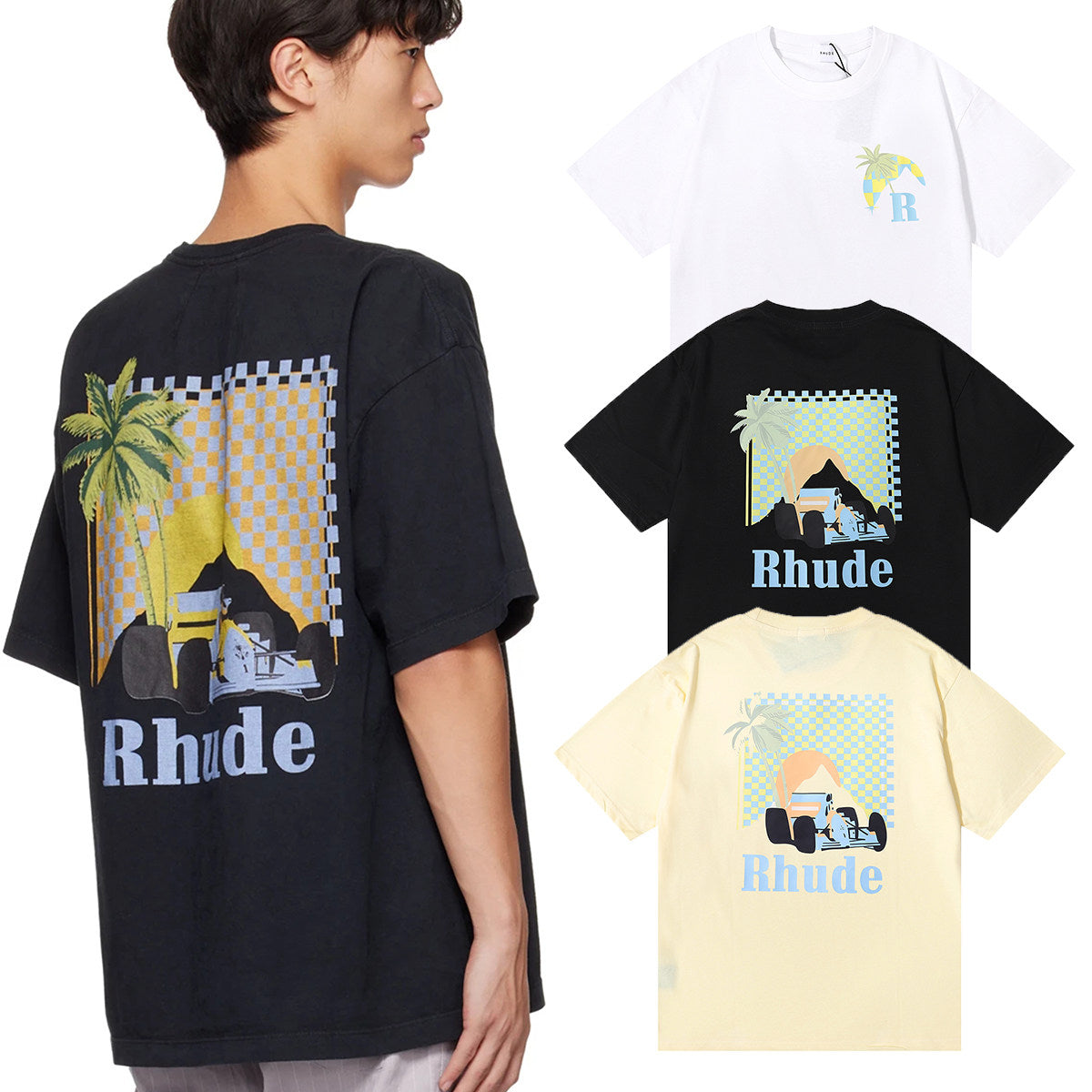 Rhude Moonlight Tropics Coconut Tree Racing Print T-shirt