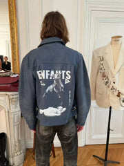 ERD melancholic Distressed Bull Graphic Leather Jacket