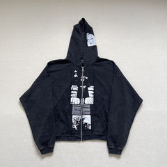 ERD Vintage Washed Black Patchwork Zip Up Hoodie