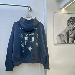 ERD Inspired American Retro Washed Black Hoodie Pullover