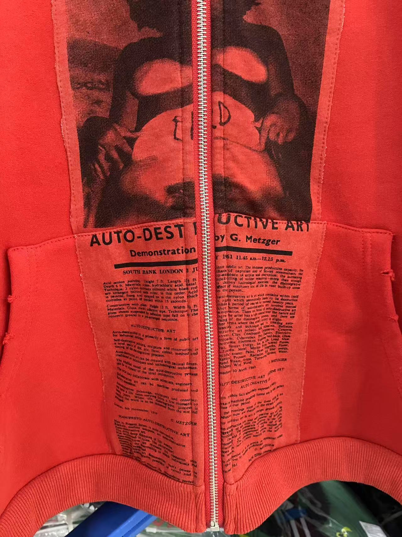 ERD Vintage Dark Red Patchwork Zip Up Hoodie