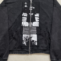 ERD Vintage Washed Black Patchwork Zip Up Hoodie