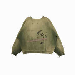 ERD Vintage Washed Army Green Portrait Print Sweatshirt