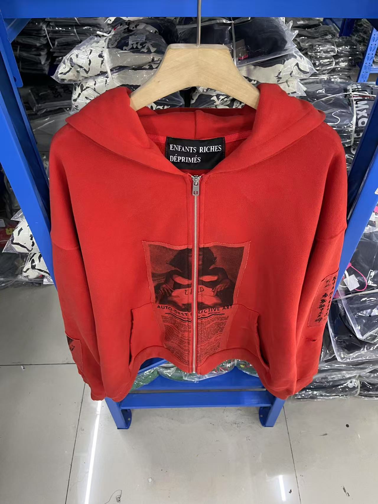 ERD Vintage Dark Red Patchwork Zip Up Hoodie