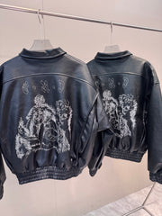 ERD Premium Embroidered Sheepskin Leather Cropped Biker Jacket