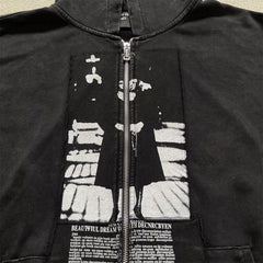 ERD Vintage Washed Black Patchwork Zip Up Hoodie