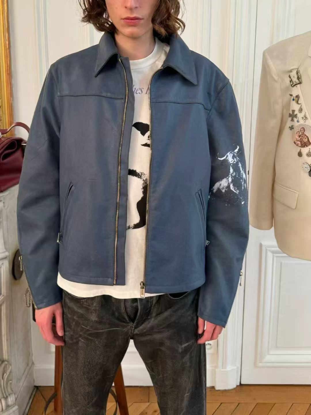 ERD melancholic Distressed Bull Graphic Leather Jacket