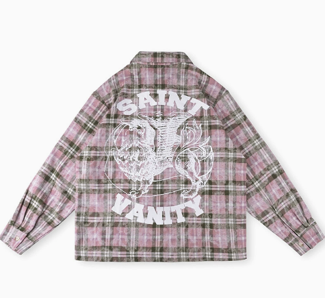Saint Vanity Grunge Graphic Plaid Flannel Shirt - Pink/Olive