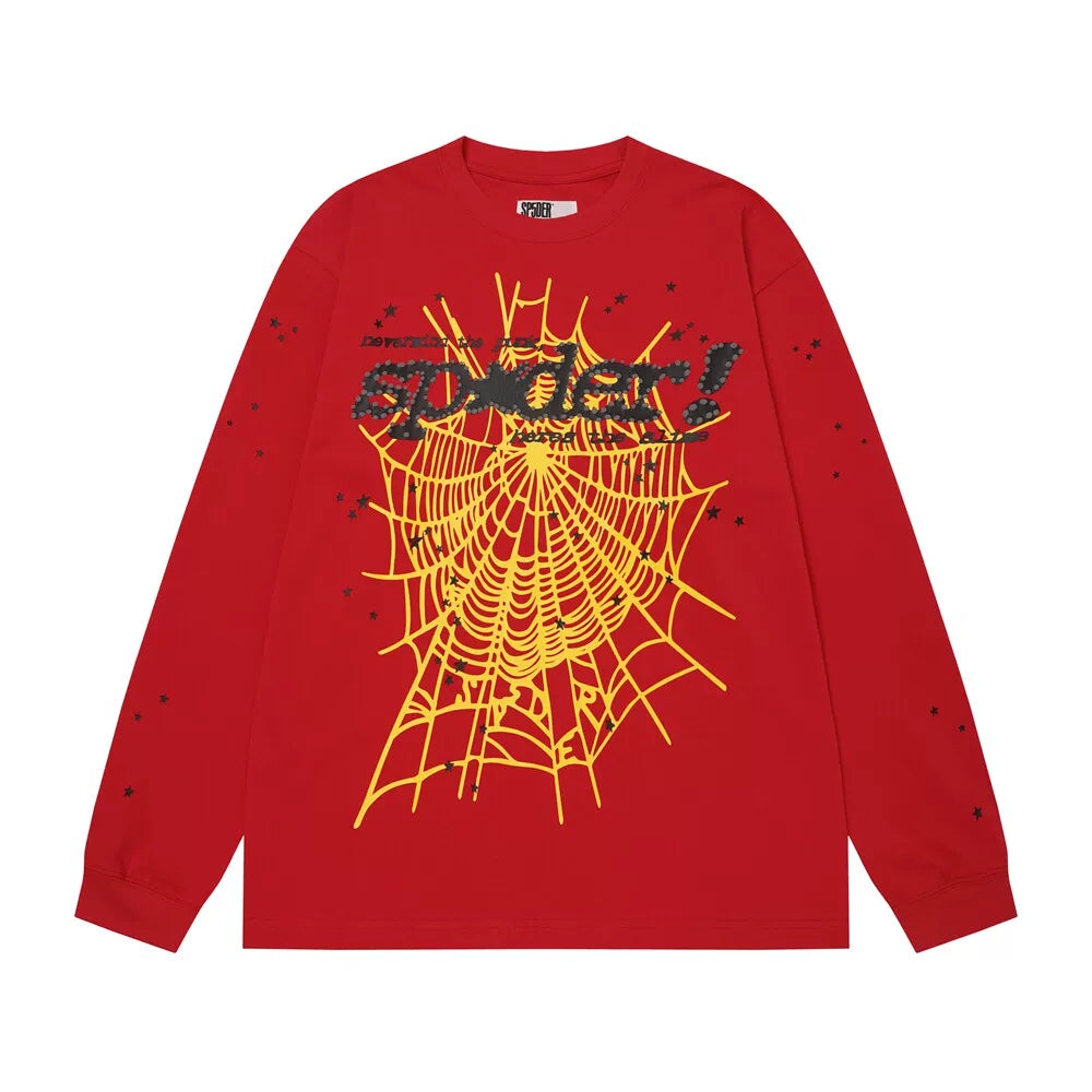 Sp5der Web Graphic Print Red Long Sleeve Casual T-Shirt
