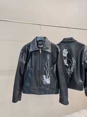 ERD Vintage Black Embroidered PU Leather Jacket