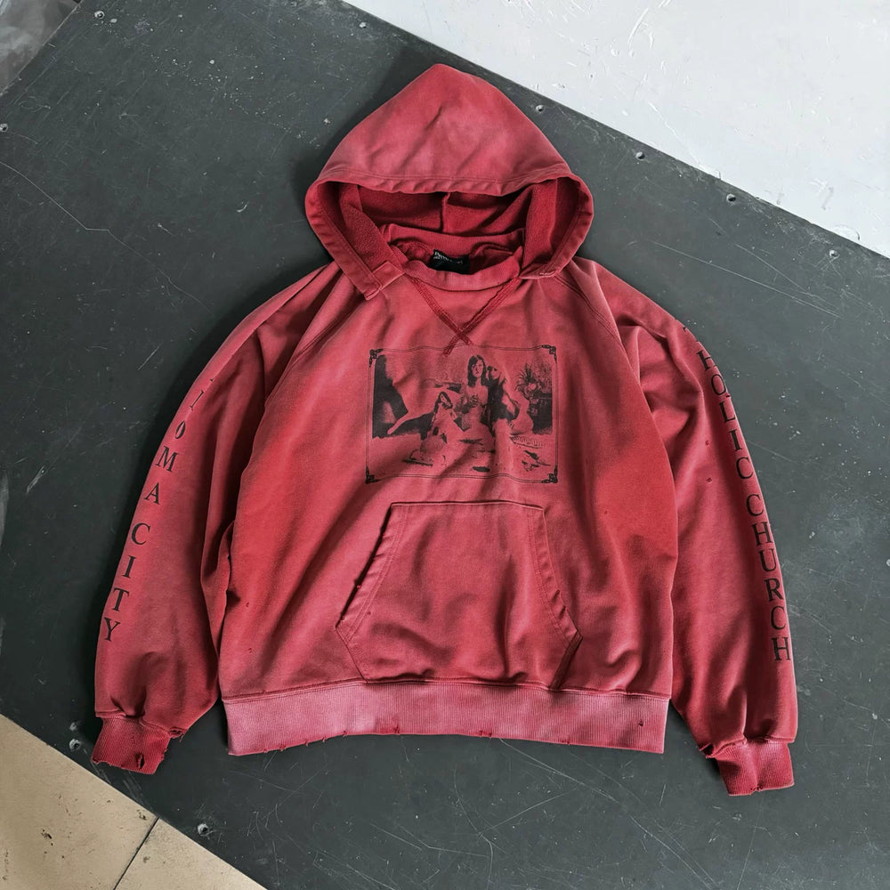 ERD's melancholic American Retro Cropped Destroyed Terry Hoodie