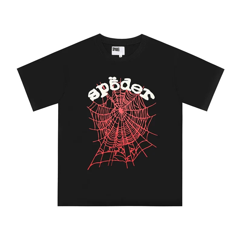 Sp5der Red Web & White Letter Graphic Black Short Sleeve T-Shirt