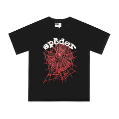 Sp5der Red Web & White Letter Graphic Black Short Sleeve T-Shirt