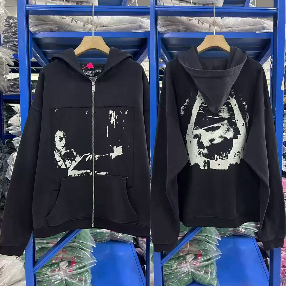 ERD Vintage Portrait Graphic Loose Zip Up Hoodie