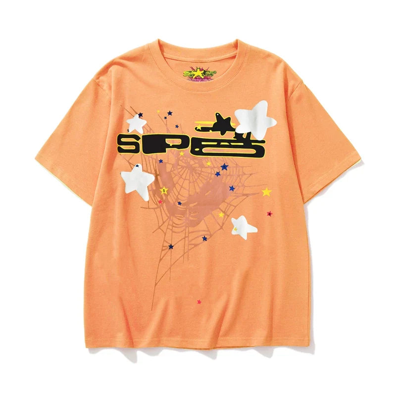 Sp5der Spider Web & Black Letter Graphic Orange Short Sleeve T-Shirt