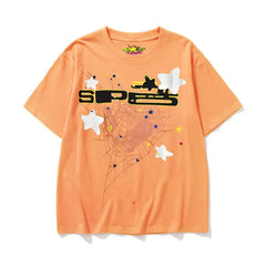 Sp5der Spider Web & Black Letter Graphic Orange Short Sleeve T-Shirt