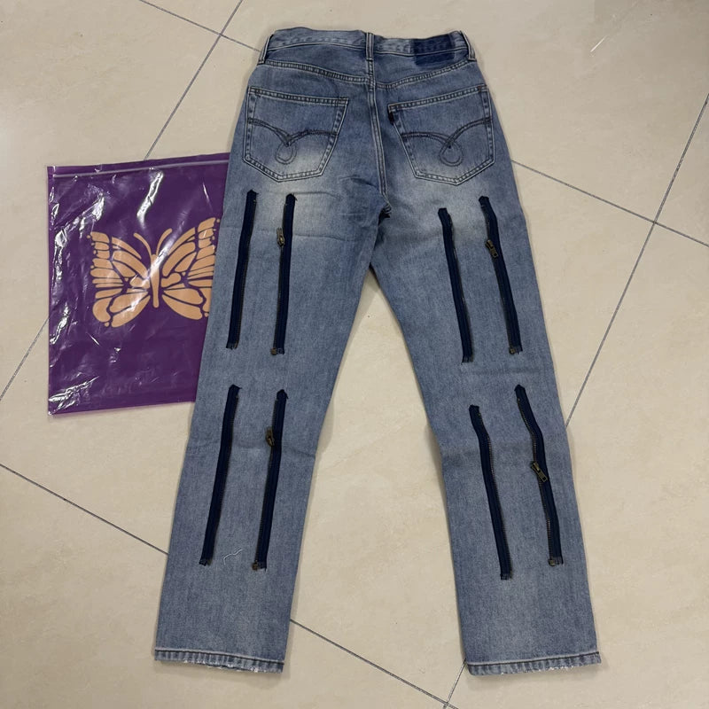 Needles Street Distressed Patchwork Zipper Straight Denim Jeans