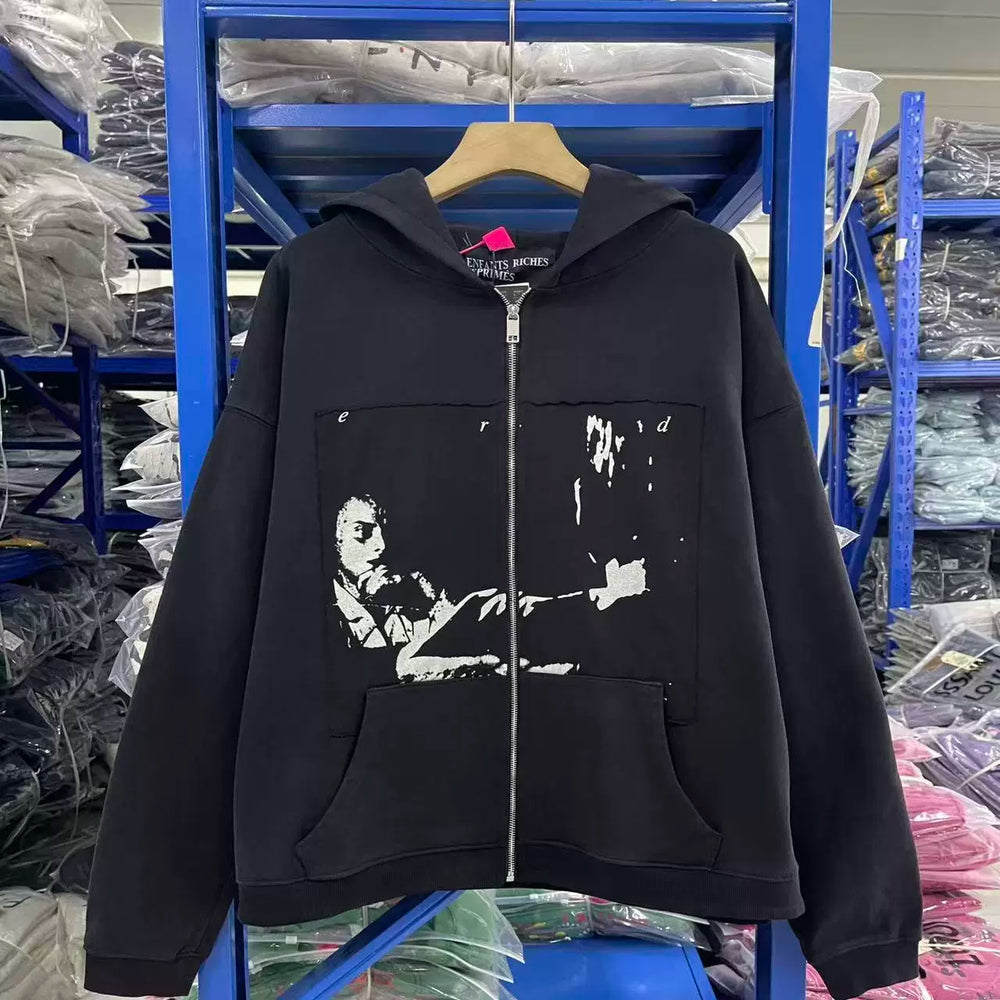 ERD Vintage Portrait Graphic Loose Zip Up Hoodie