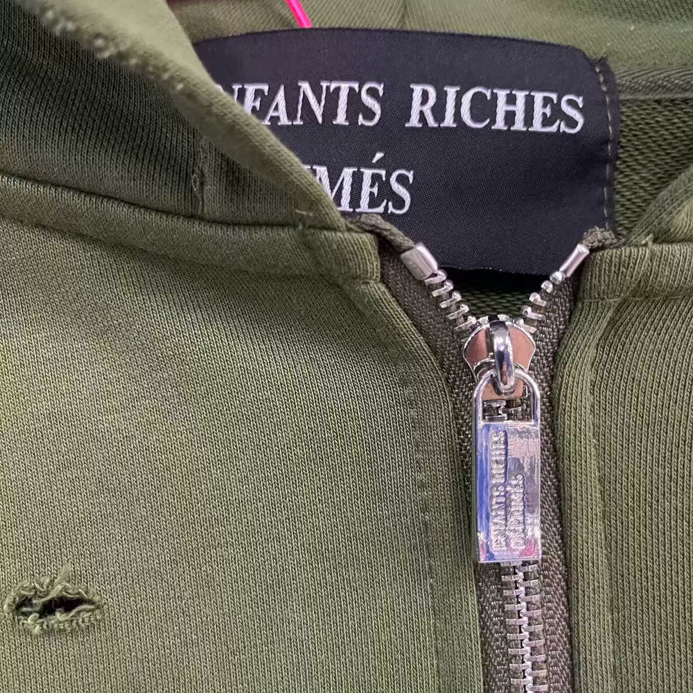 ERD Inspired Slogan Washed Green Zip Up Hoodie