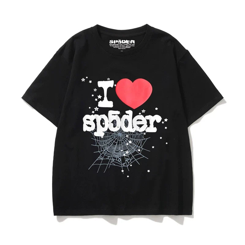Sp5der "I Heart Sp5der" Red Heart & Spider Web Graphic Black Short Sleeve T-Shirt