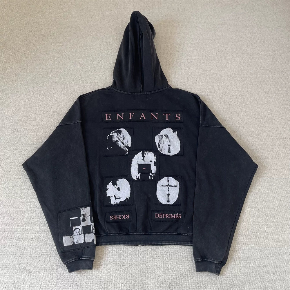 ERD Vintage Washed Oversized Graphic Zip Hoodie