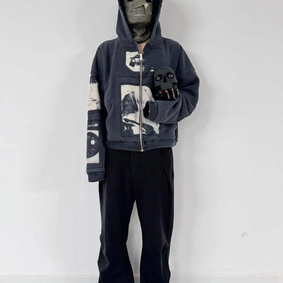 ERD Inspired Washed Black Fleece Kangaroo Zip Hoodie